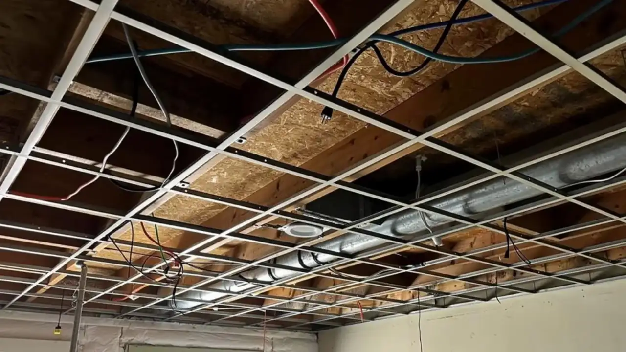 A suspended ceiling grid hung and ready for tile, with joists, ductwork and wiring visible above