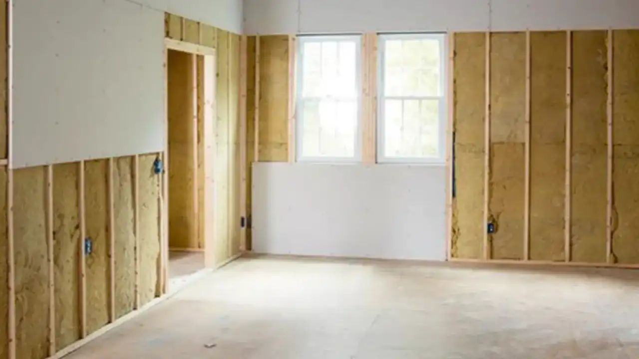An empty framed room mid-installation, one wall sheeted with bare gypsum drywall while the remaining walls are still open studs with insulation