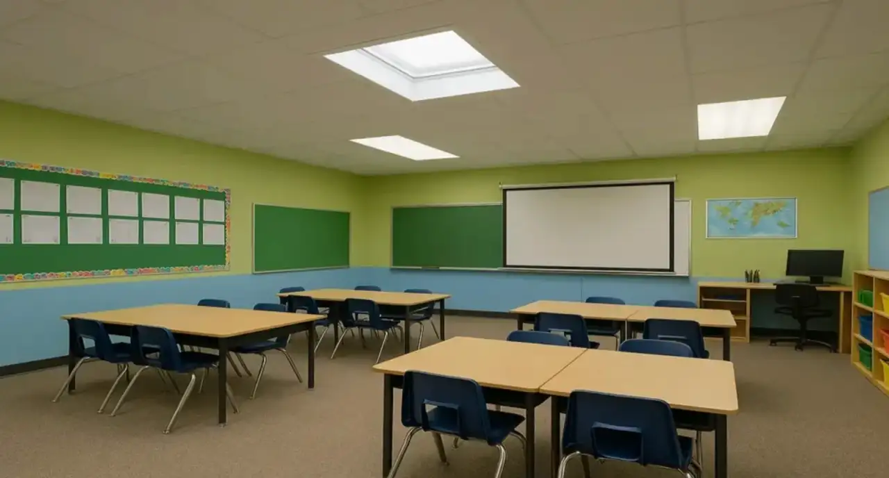 Elementary classroom with finished painted drywall walls in green and blue, a suspended acoustic-tile ceiling, chalkboards, a pull-down projection screen, and student tables with chairs