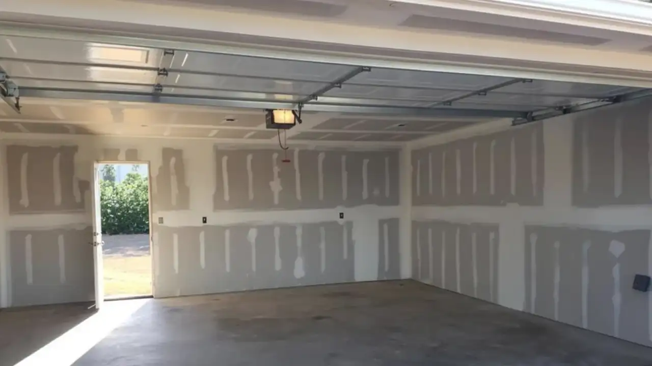 Attached garage with the walls and ceiling drywalled and taped, seen through the open overhead door