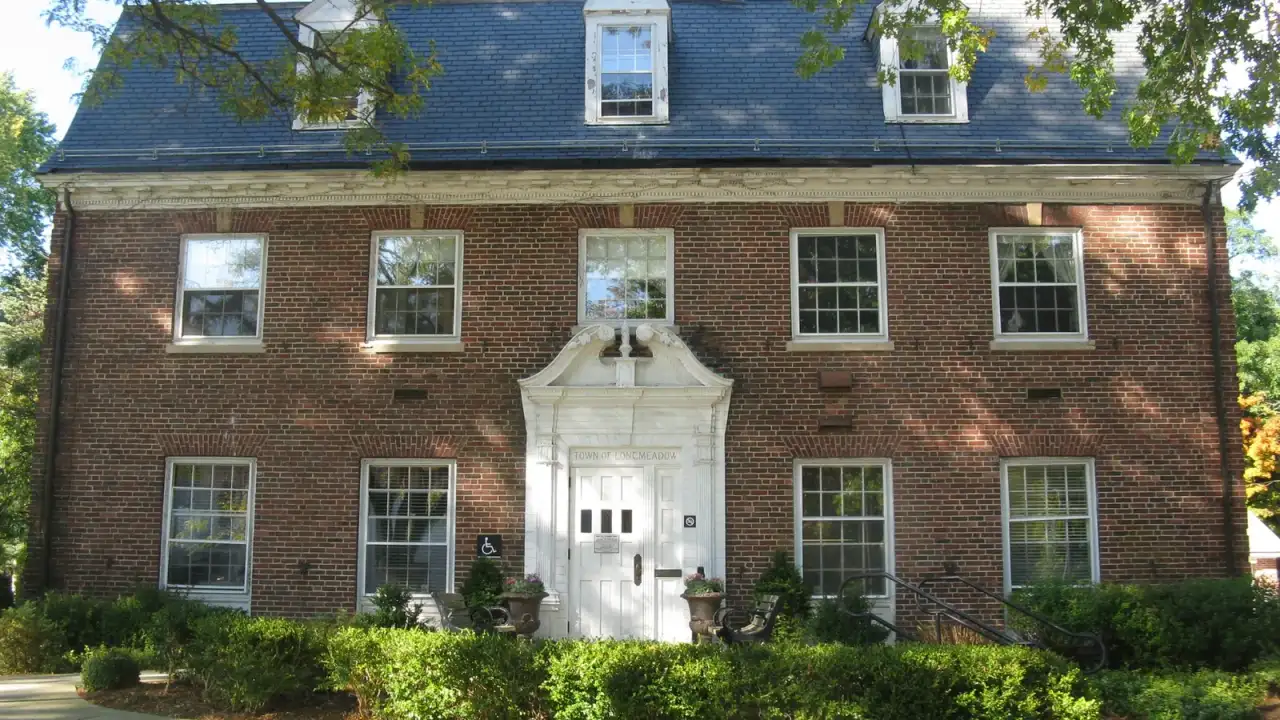 Brick Colonial Revival town office building on the green, Longmeadow, Massachusetts
