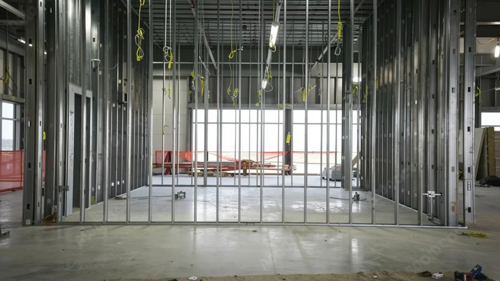 Steel stud partition framing standing on a bare concrete floor in an open, unfinished commercial interior