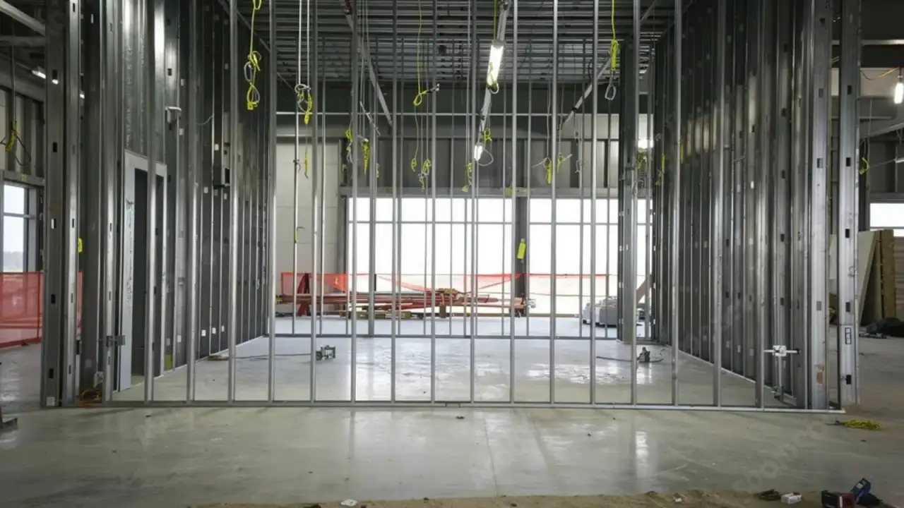 Steel stud partition framing standing on a bare concrete floor in an open, unfinished commercial interior