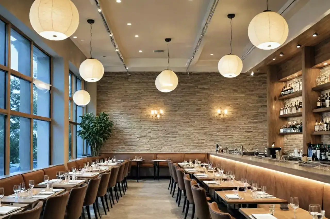 Warm restaurant dining room with a finished painted drywall ceiling and soffit, a stacked-stone accent wall, globe pendant lights, and a bar