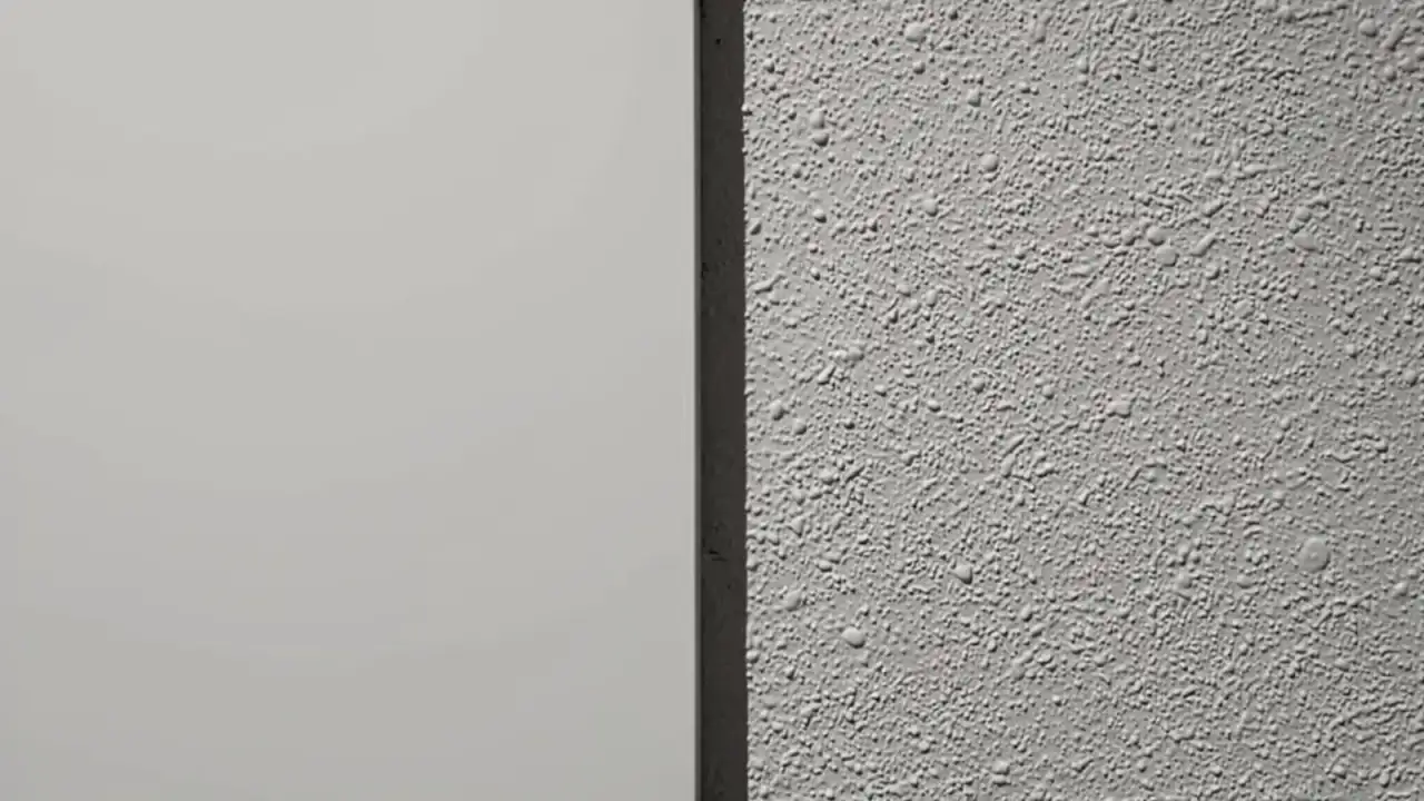 A smooth flat wall finish meeting a fine orange peel spray texture along a vertical line
